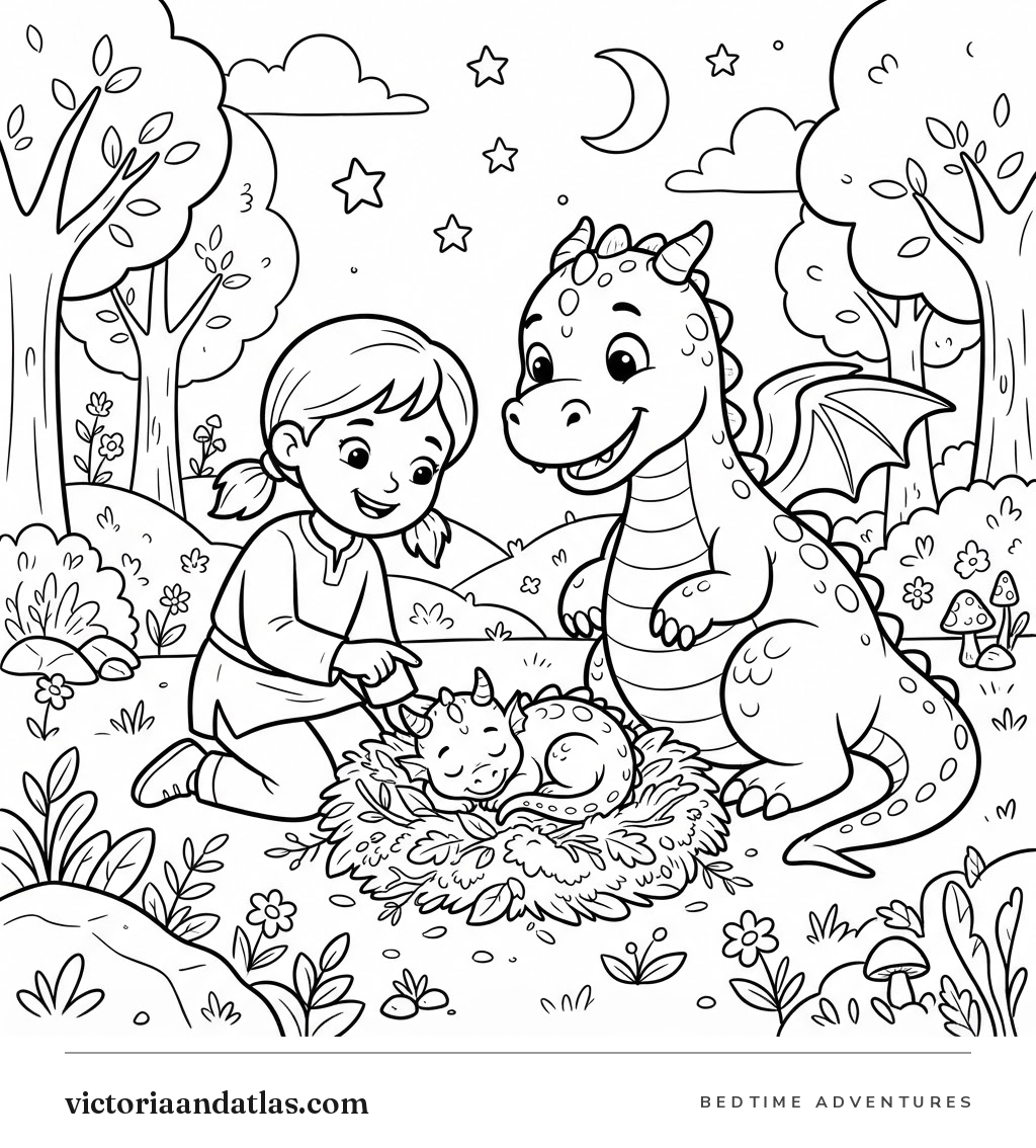 Preview of Victoria and Atlas Find a Baby Dragon Coloring Page