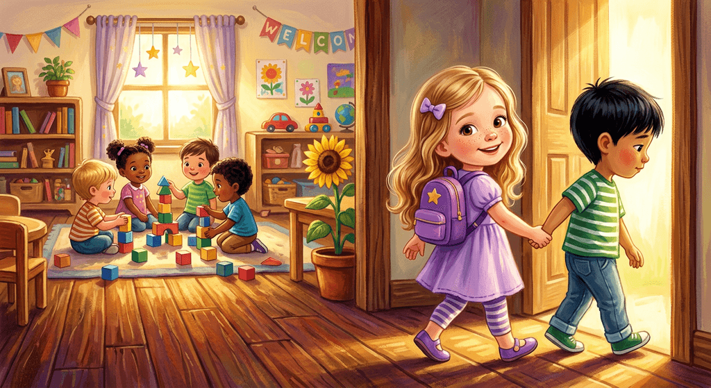 Violet walks into her classroom hand in hand with a new friend.