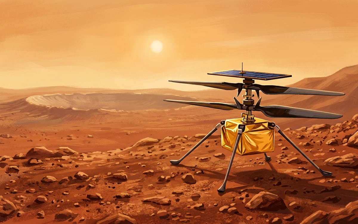 Ingenuity on red, dusty ground, with labels for its solar panel, blades, body and legs.